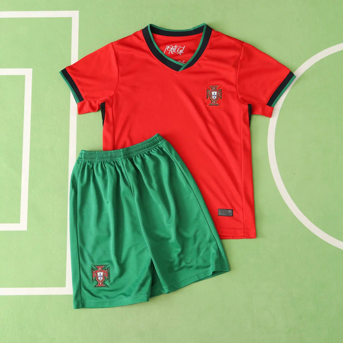 Portugal Home Kids Kit 2024 – Scarlet Red & Green Children's Football Jersey + Shorts Set | FPF Youth Kit