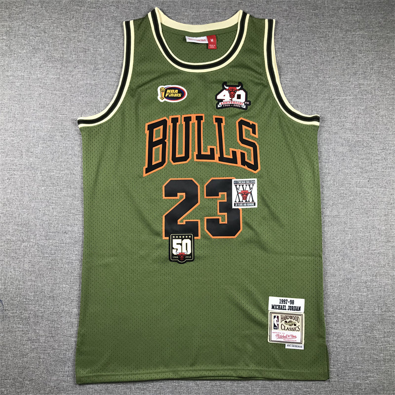 Michael Jordan #23 Chicago Bulls Mitchell & Ness Army Green 1997-98 Multi-Patch Anniversary Hardwood Classics Swingman Jersey