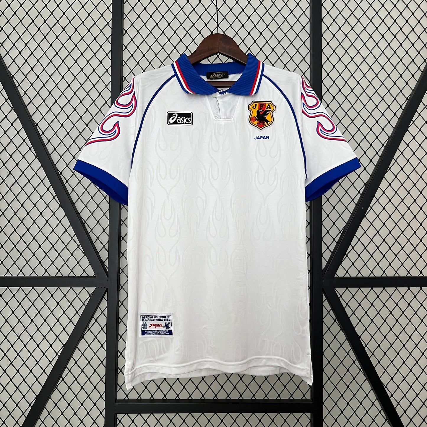 Japan 1998 Away Jersey – White Asics Blue Collar Flame Pattern Retro 1998 FIFA World Cup France Football Shirt | Nakata Nakayama Samurai Blue Classic JFA Kit