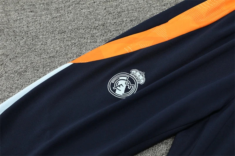 Real Madrid 2024/25 White, Navy & Orange Adidas Training Tracksuit – Quarter-Zip Top & Navy Tapered Pants | Emirates La Liga Training Suit