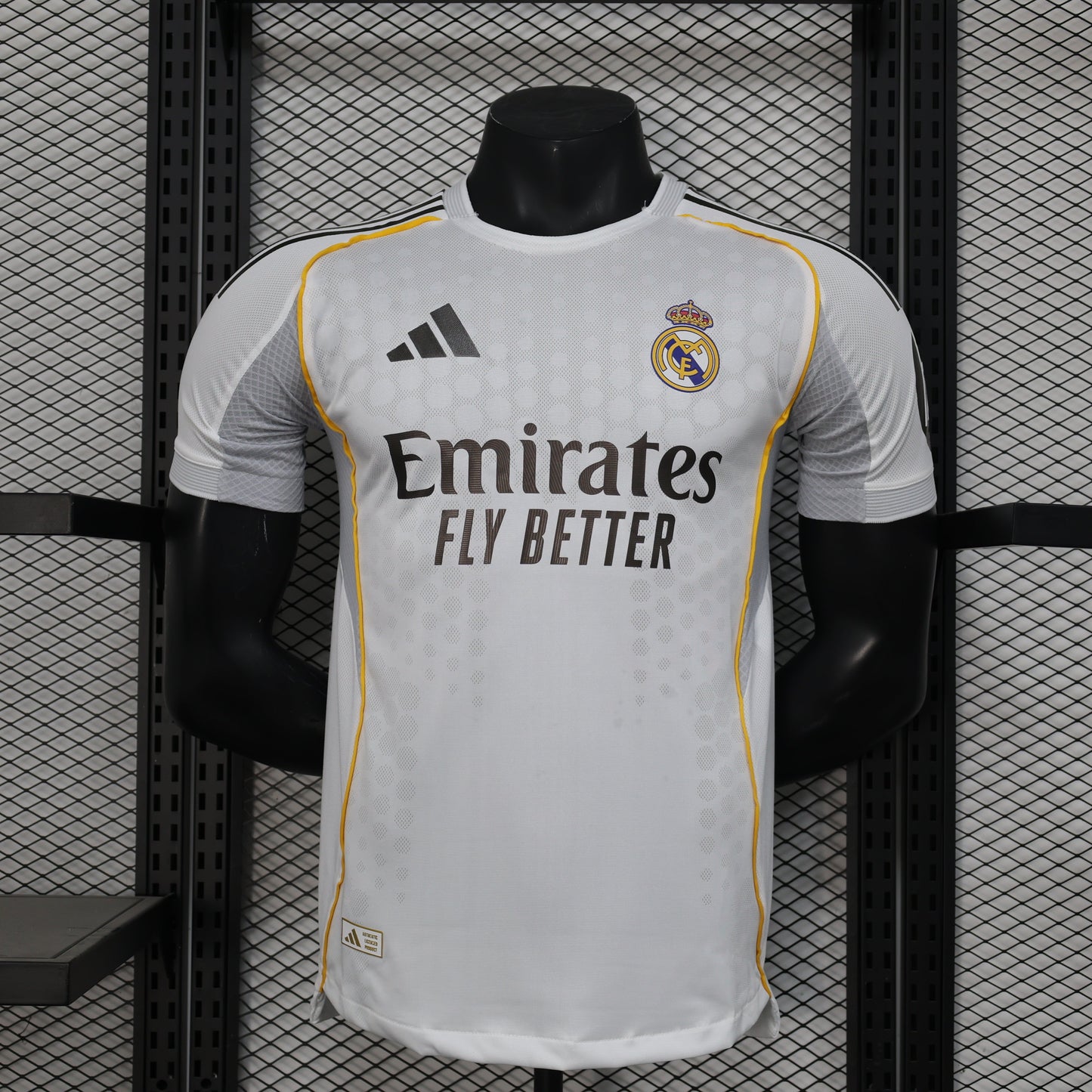 2025/26 Real Madrid Home Player Version Jersey -  White Grey Tonal Diamond Honeycomb Texture - Gold Yellow Side Seam Piping - Emirates Fly Better