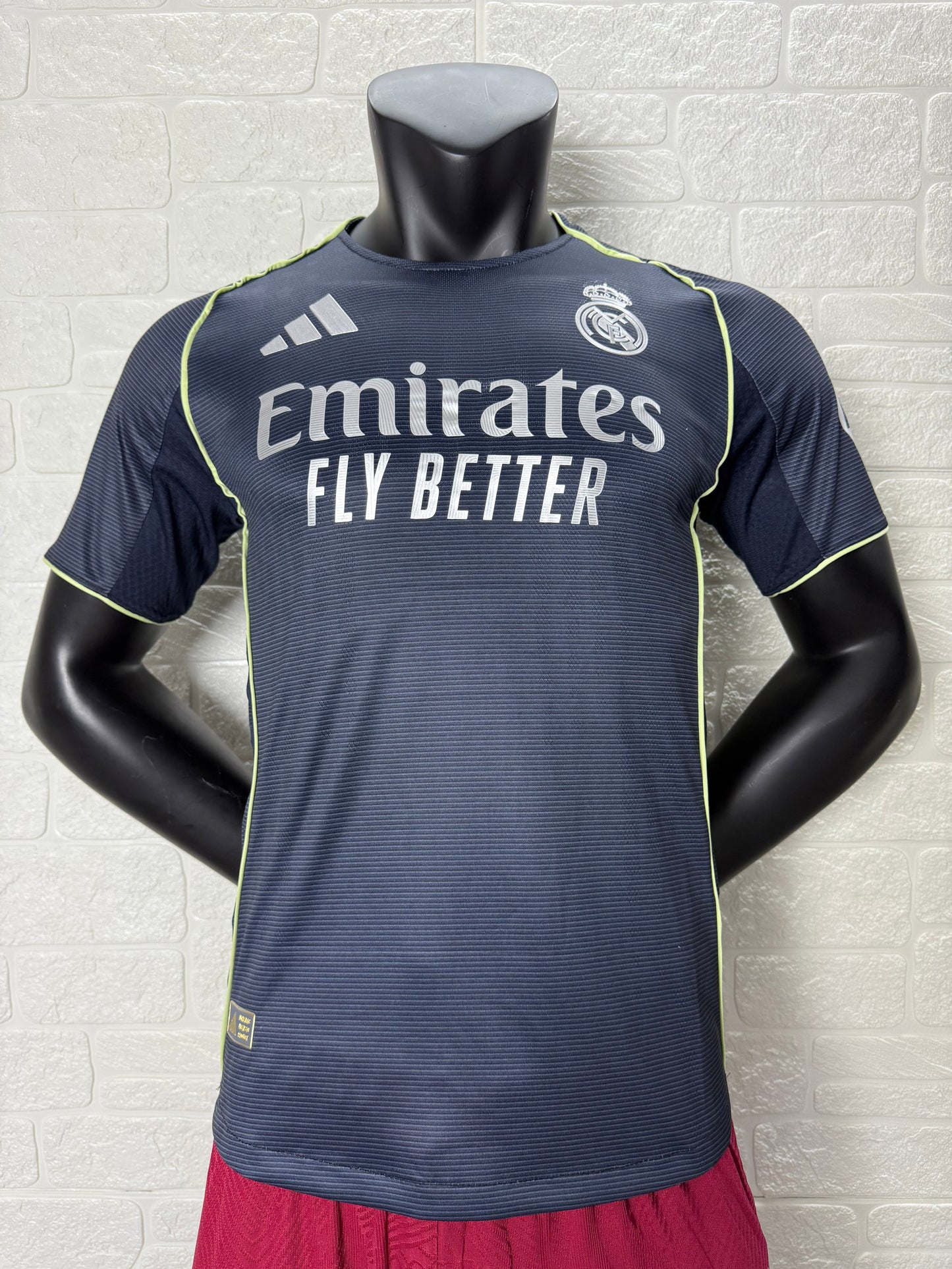 2025/26 Real Madrid Away Player Version Jersey -  Dark Navy Blue Tonal Horizontal Stripe - Neon Yellow Green Piping - Emirates Fly Better