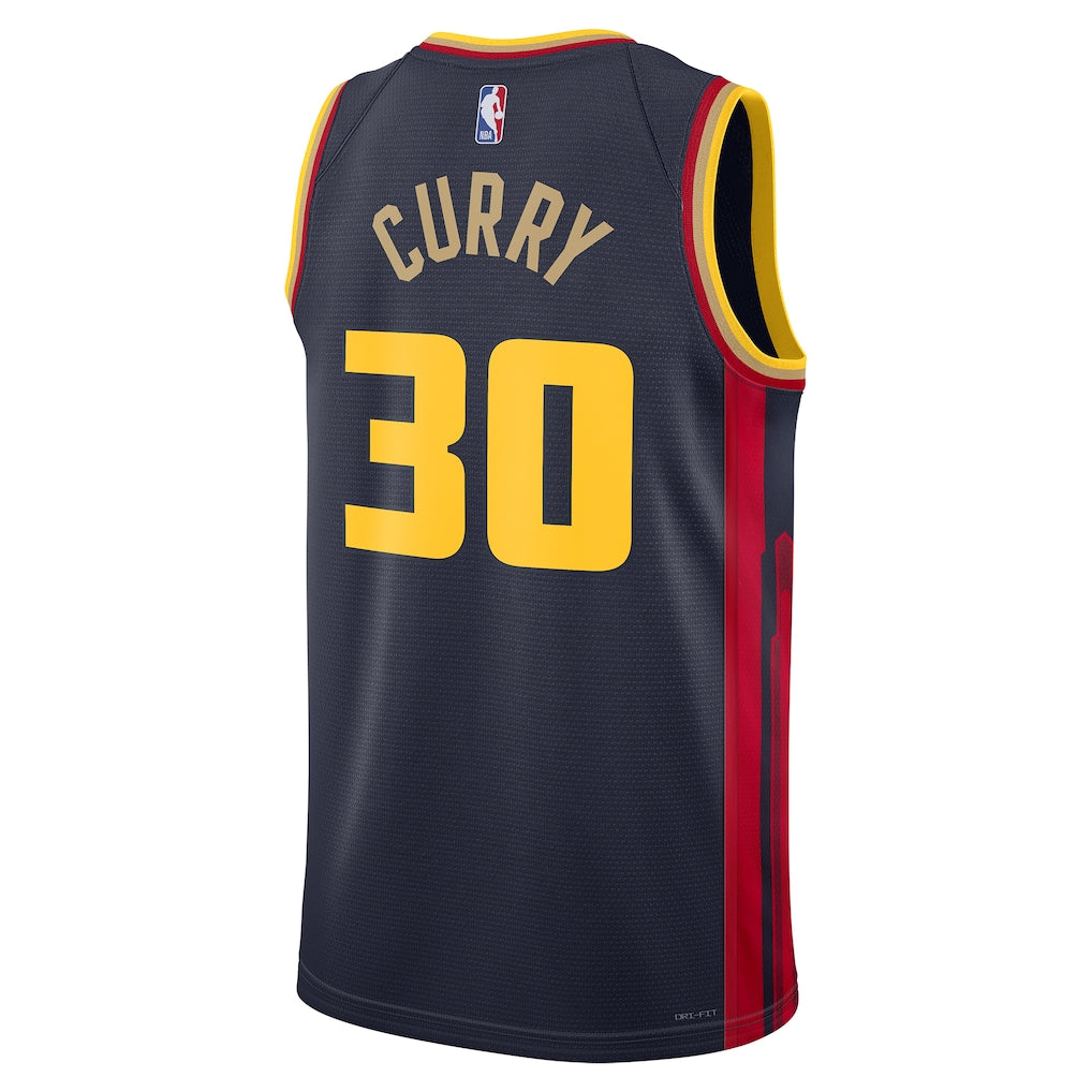 Stephen Curry #30 Golden State Warriors Navy 2024-25 City Edition "Golden State" Circular Badge Retro Serif Red Side Panel Swingman Jersey - S-XXXL