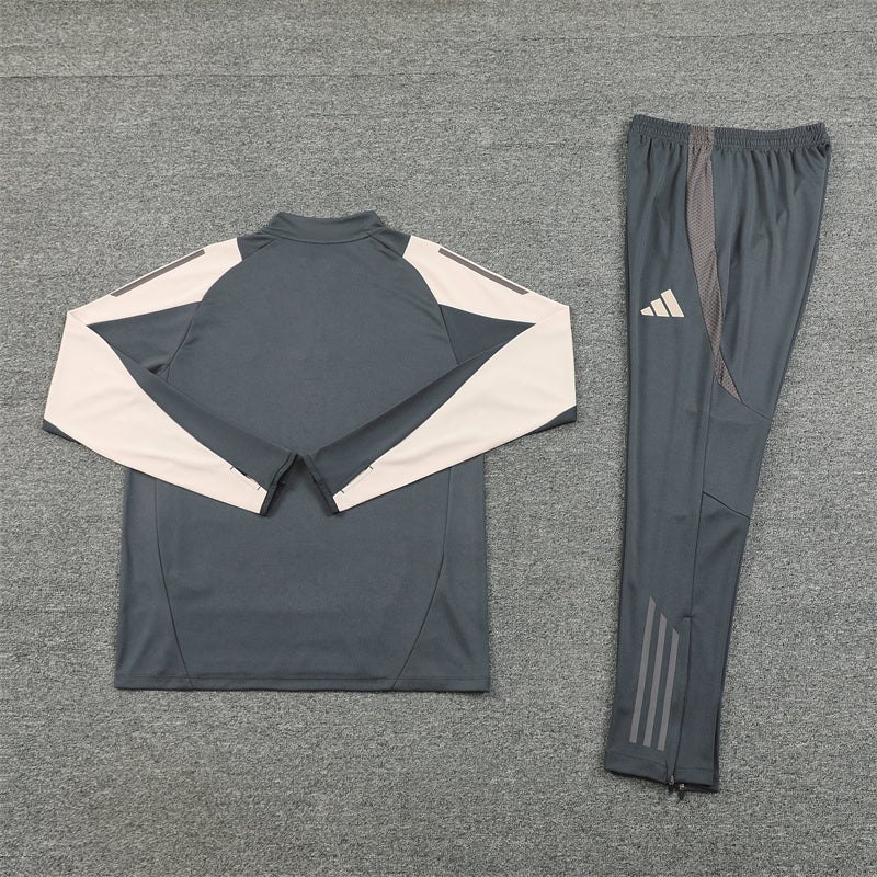 Real Madrid 2024/25 Charcoal Grey & Cream Adidas Training Tracksuit – Quarter-Zip Top & Tapered Pants | Emirates La Liga Training Suit