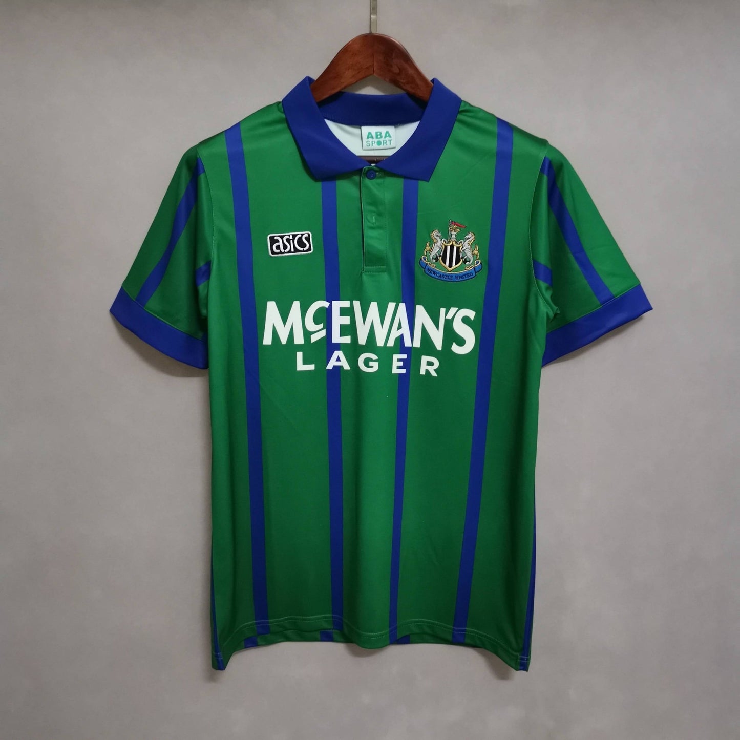 Newcastle United 1994/95 Away Retro Jersey – Green & Blue Stripes | McEwan's Lager | Asics | Toon Army 90s