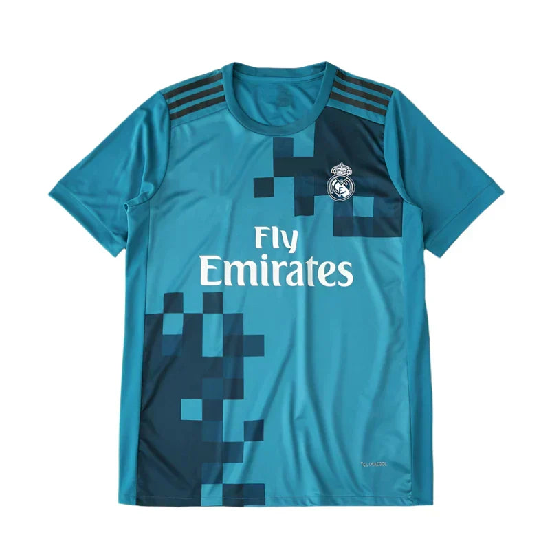 Real Madrid CF Third Retro Fan Version Jersey 2017/18 – Teal Football Shirt with Navy Pixel Block Design