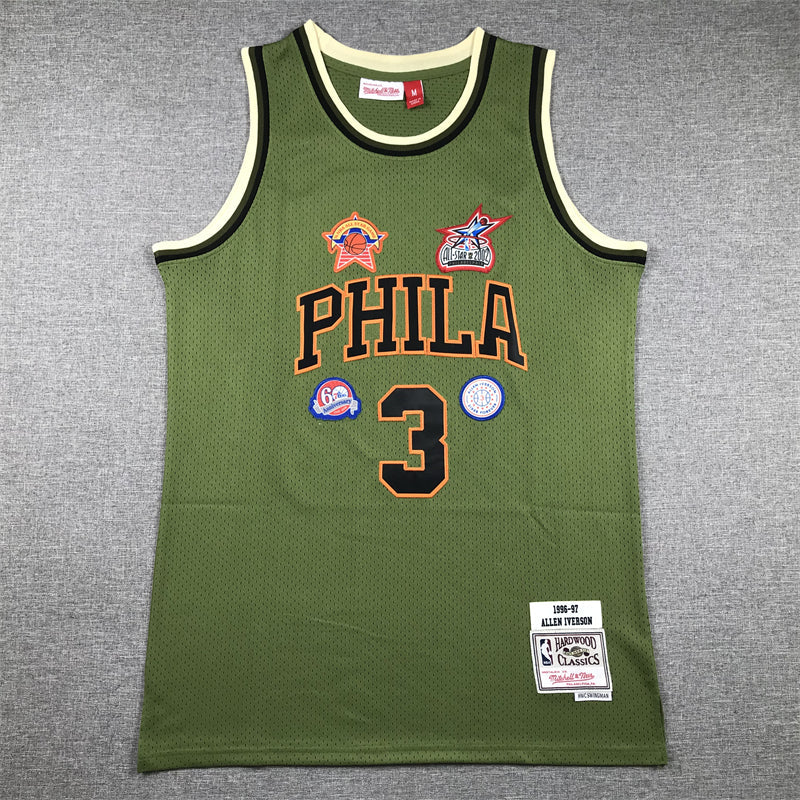 Men's Philadelphia 76ers Allen Iverson #3 Army Green 1996-97 Hardwood Classics Swingman Jerseys