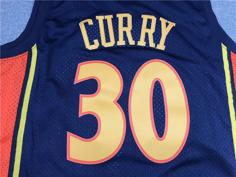 Stephen Curry #30 Golden State Warriors Mitchell & Ness 2009-10 Navy Blue Orange Side Panel Hardwood Classics Rookie Season Away Swingman Jersey