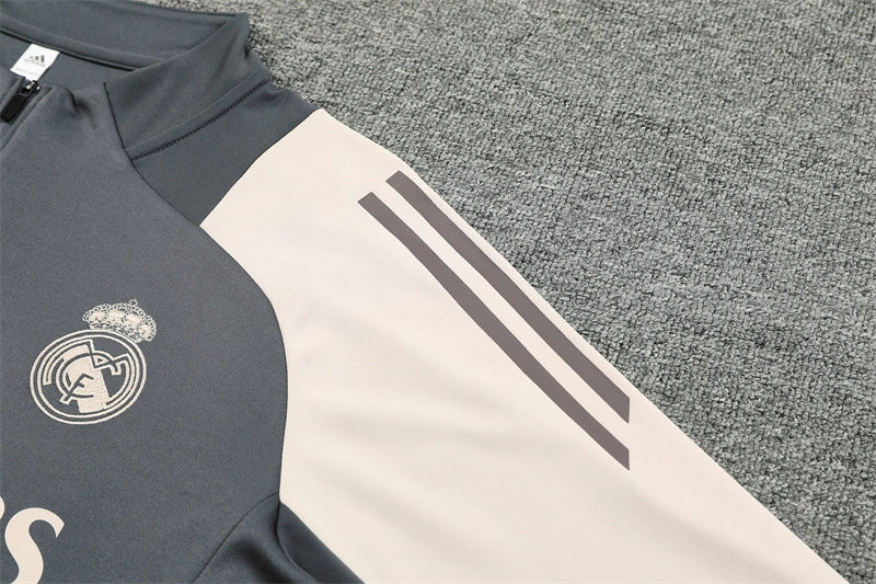 Real Madrid 2024/25 Charcoal Grey & Cream Adidas Training Tracksuit – Quarter-Zip Top & Tapered Pants | Emirates La Liga Training Suit