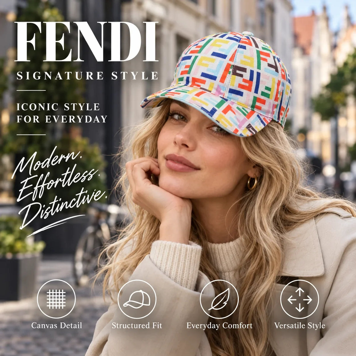 Fendi Canvas Baseball Cap worn by fashion model in a European street-style setting