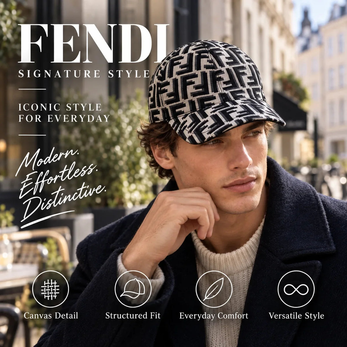 Fendi Canvas Baseball Cap worn by fashion model in a European street-style setting