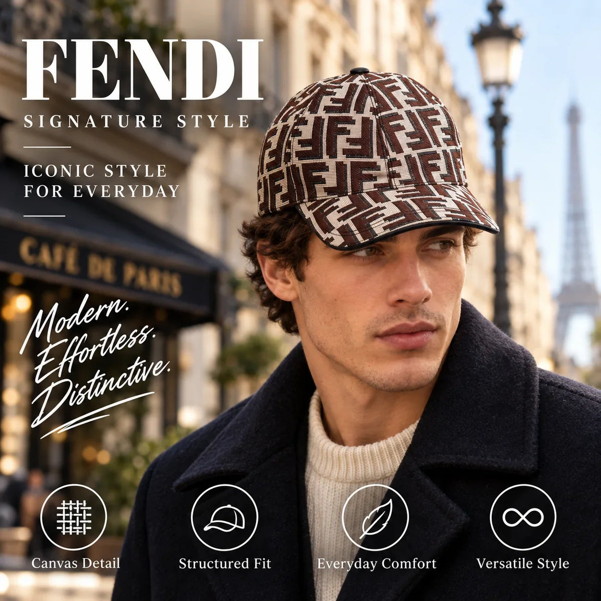 Fendi Canvas Baseball Cap worn by fashion model in a European street-style setting