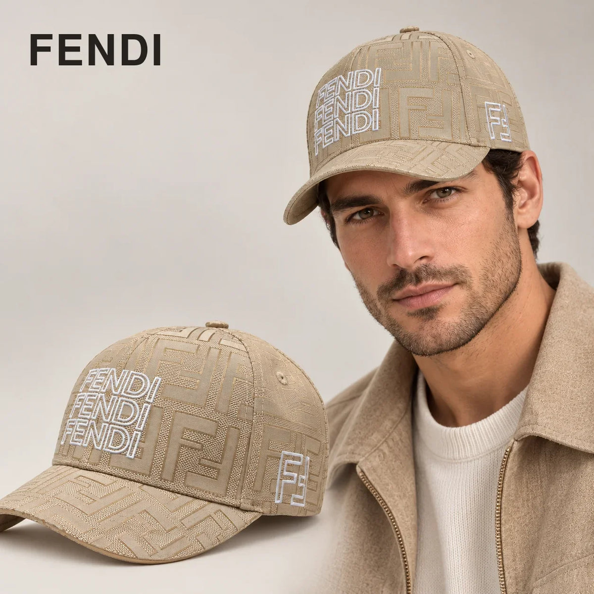 Fendi Monogram Baseball Cap worn by an adult model, with matching hat close-up