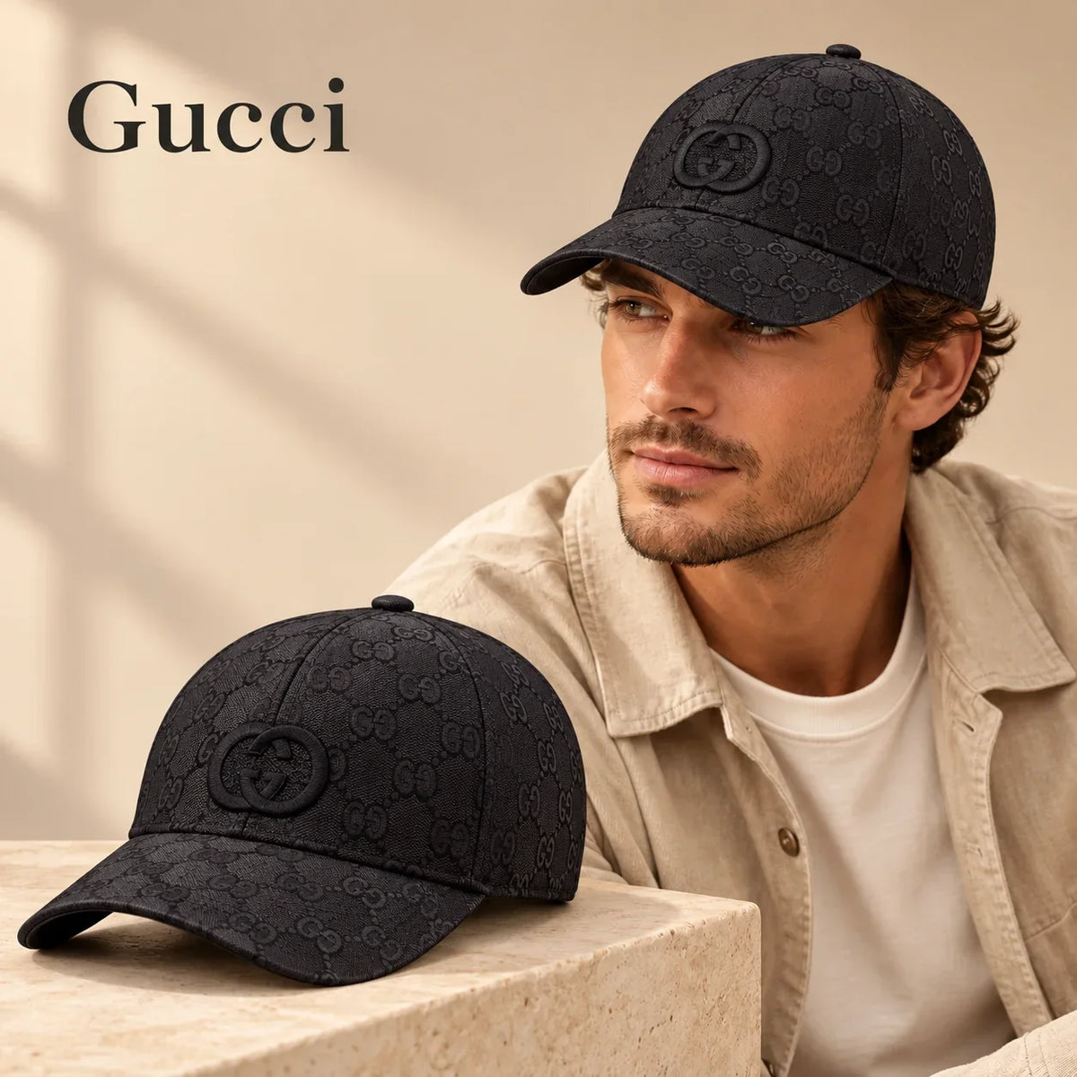 Gucci Baseball Cap worn by a model with matching hat close-up