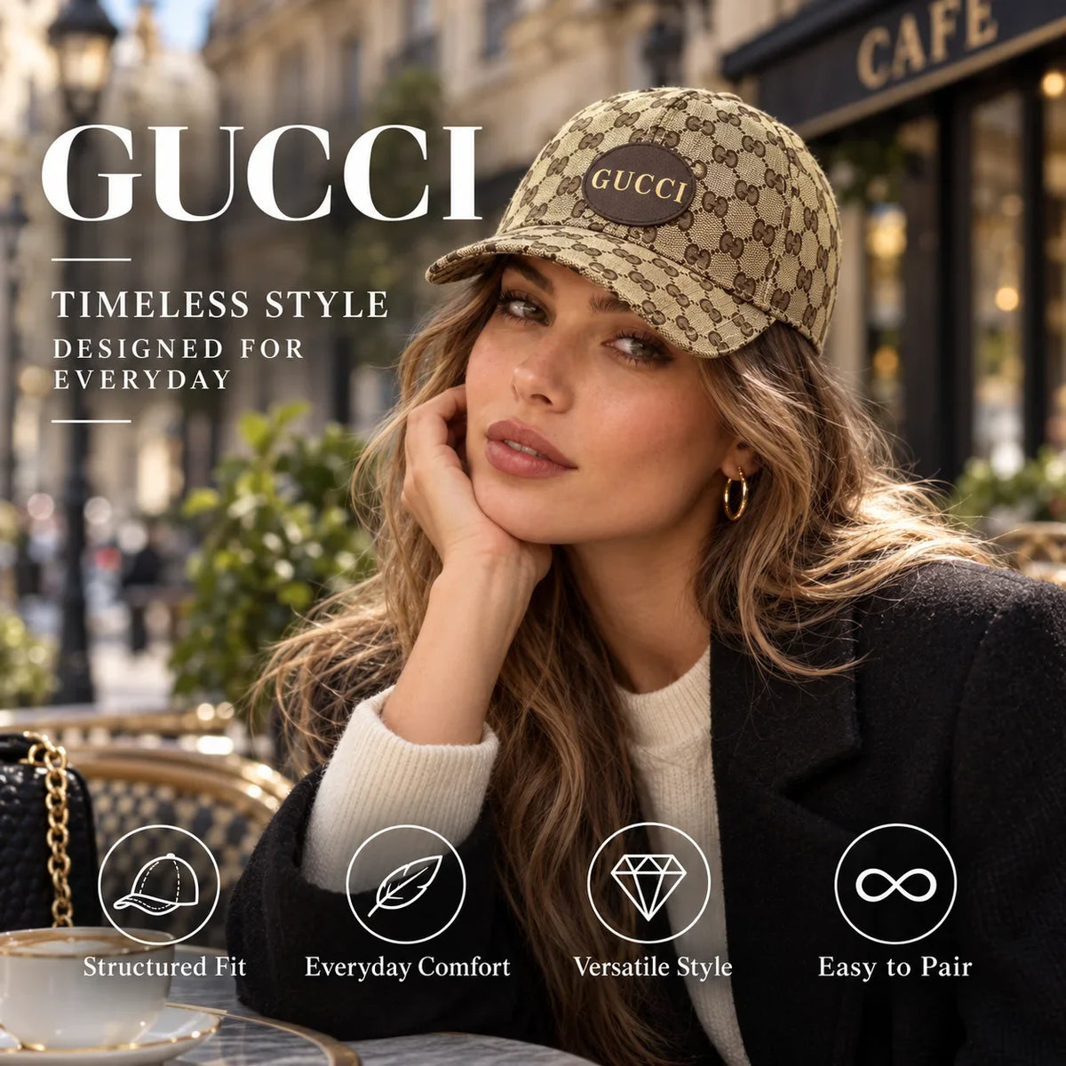 Gucci Canvas Baseball Cap worn in a premium lifestyle setting
