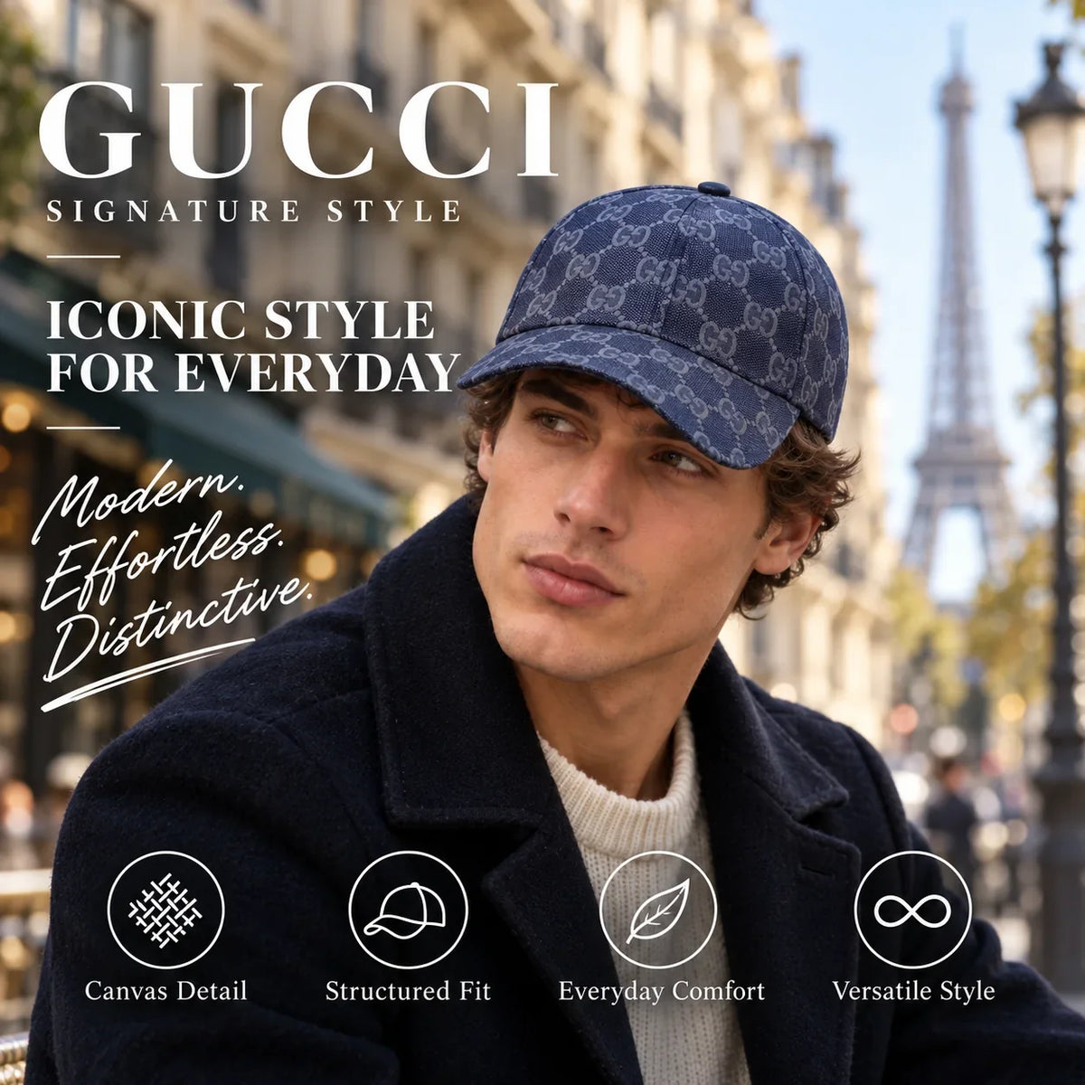 Gucci Canvas Baseball Cap worn by fashion model in a European street-style setting