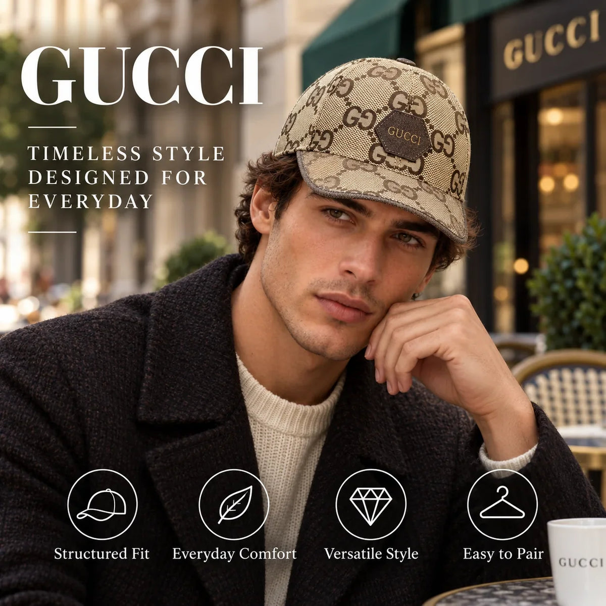 Gucci Canvas Baseball Cap worn in a premium lifestyle setting