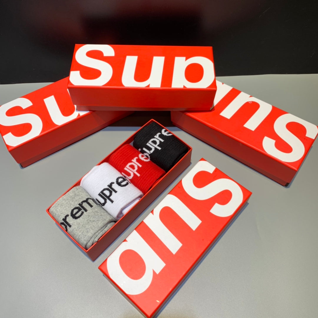 Supreme Boxed Grey White Red Black Vertical Wordmark Crew Socks, image 1