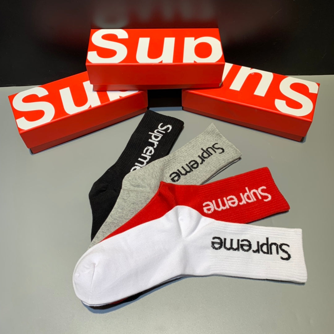 Supreme Boxed Grey White Red Black Vertical Wordmark Crew Socks, image 3