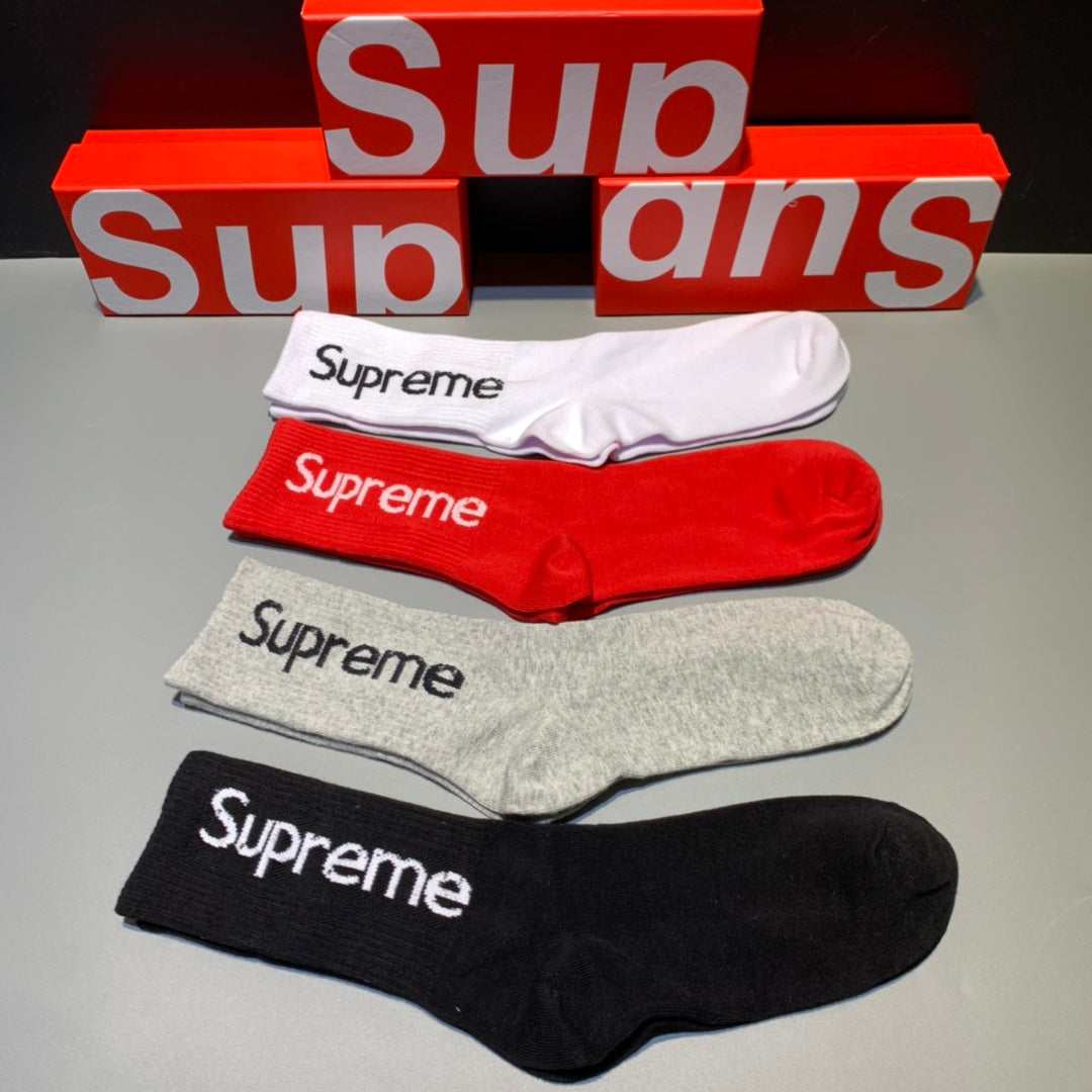 Supreme Boxed Grey White Red Black Vertical Wordmark Crew Socks, image 4