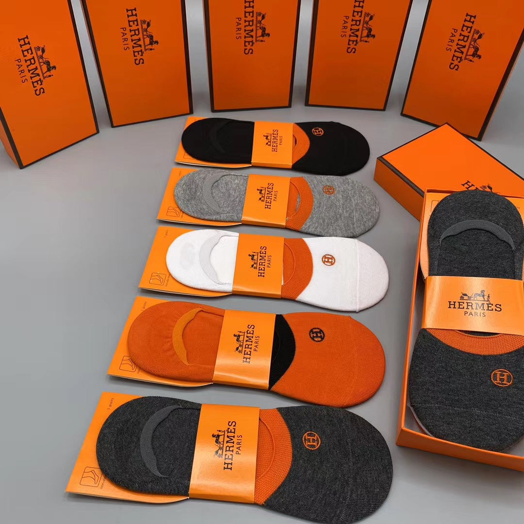 Hermès Orange White Grey Packaged Lettering No-Show Socks, image 16