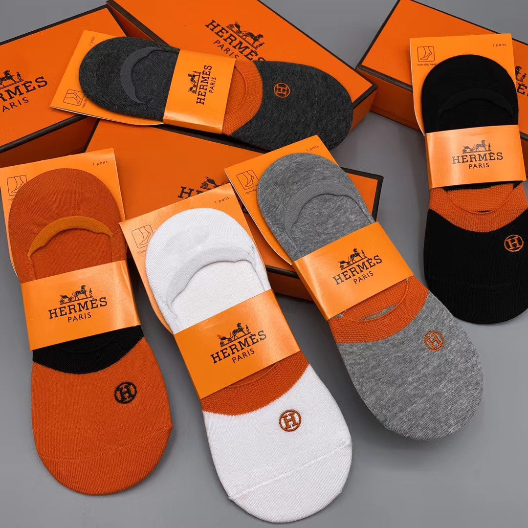 Hermès Orange White Grey Packaged Lettering No-Show Socks, image 18