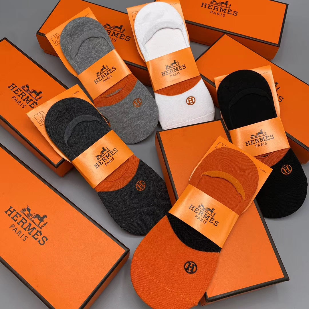 Hermès Orange White Grey Packaged Lettering No-Show Socks, image 13