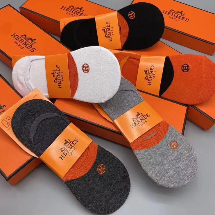 Hermès Orange White Grey Packaged Lettering No-Show Socks, image 5