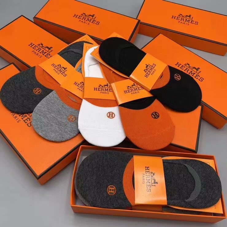 Hermès Orange White Grey Packaged Lettering No-Show Socks, image 6