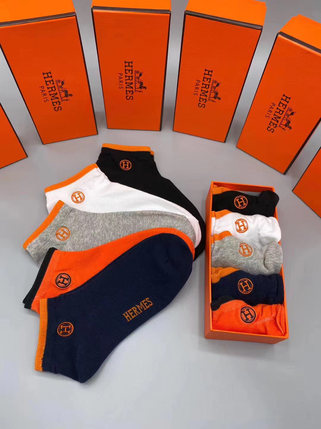 Hermès Orange Navy Grey White Side Mark No-Show Socks, image 2