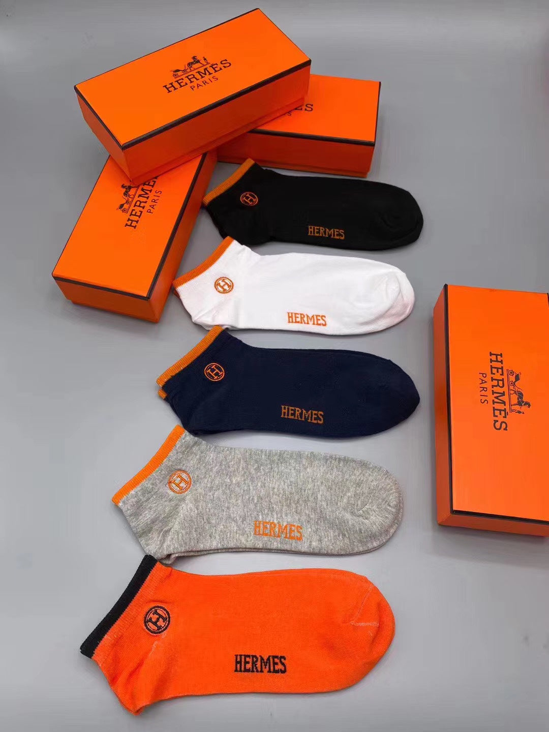 Hermès Orange Navy Grey White Side Mark No-Show Socks, image 6