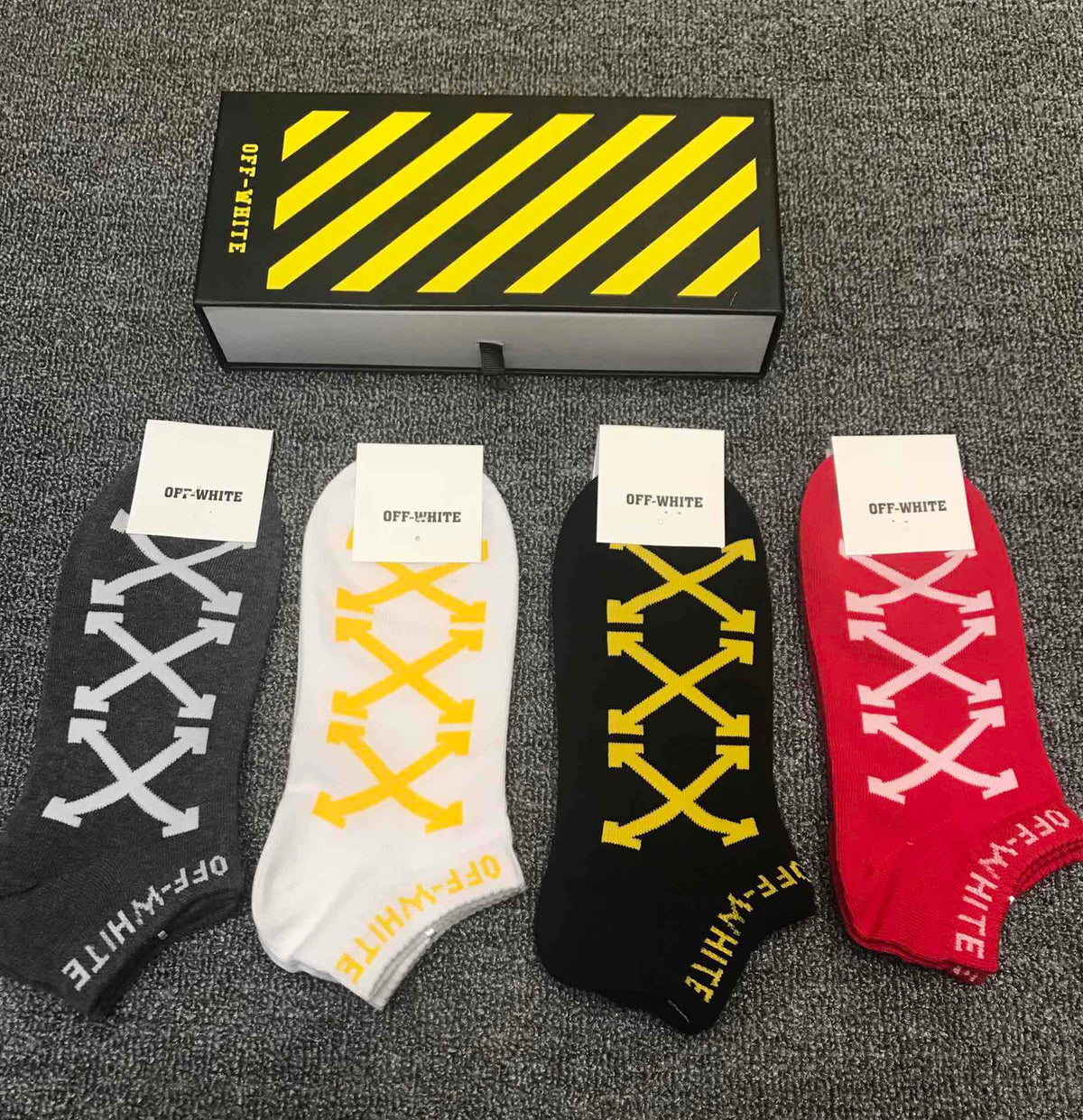 Off-White Red Black White Bold Diagonal Stripes Ankle Socks, image 7