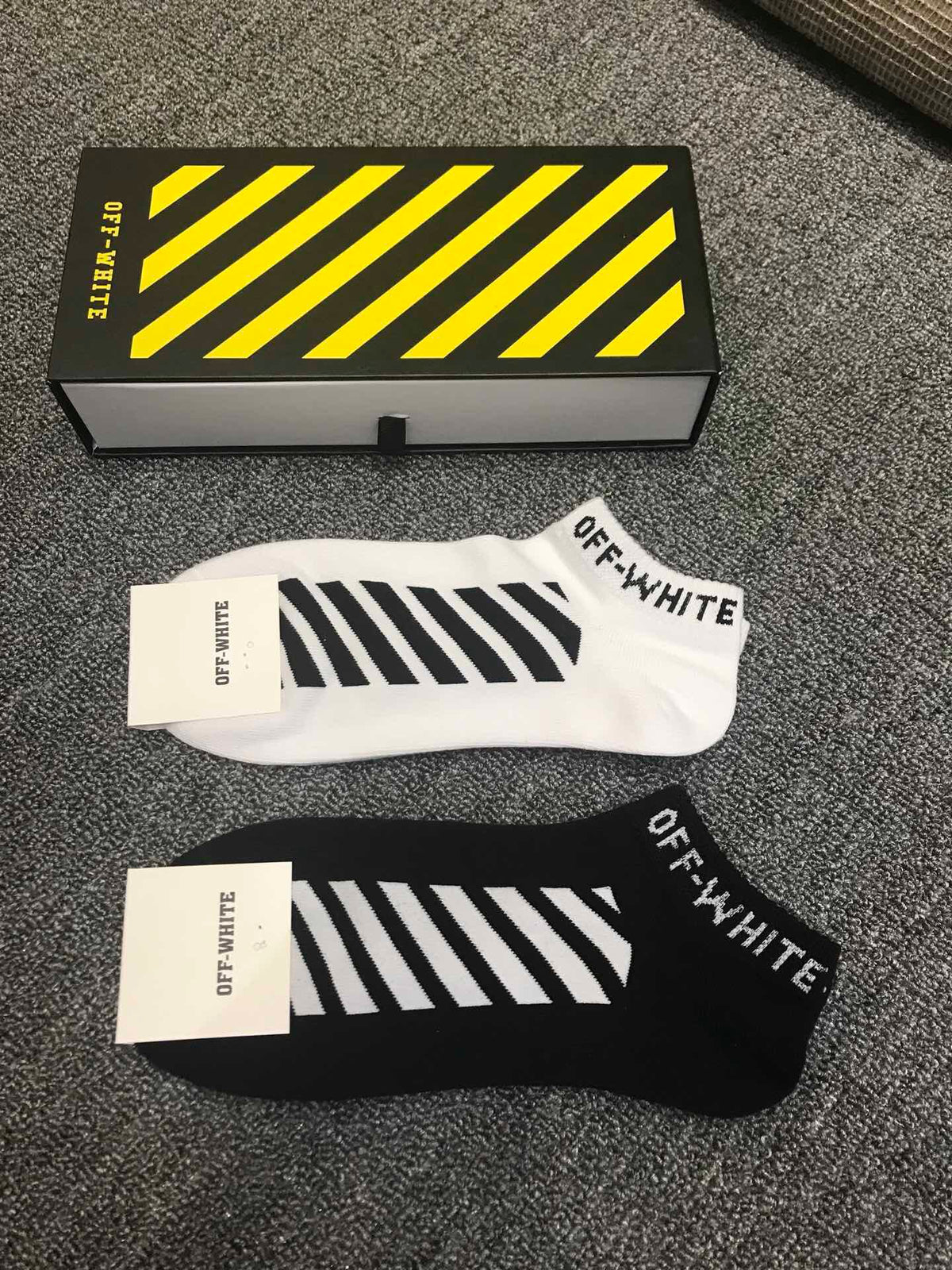 Off-White Red Black White Bold Diagonal Stripes Ankle Socks, image 4