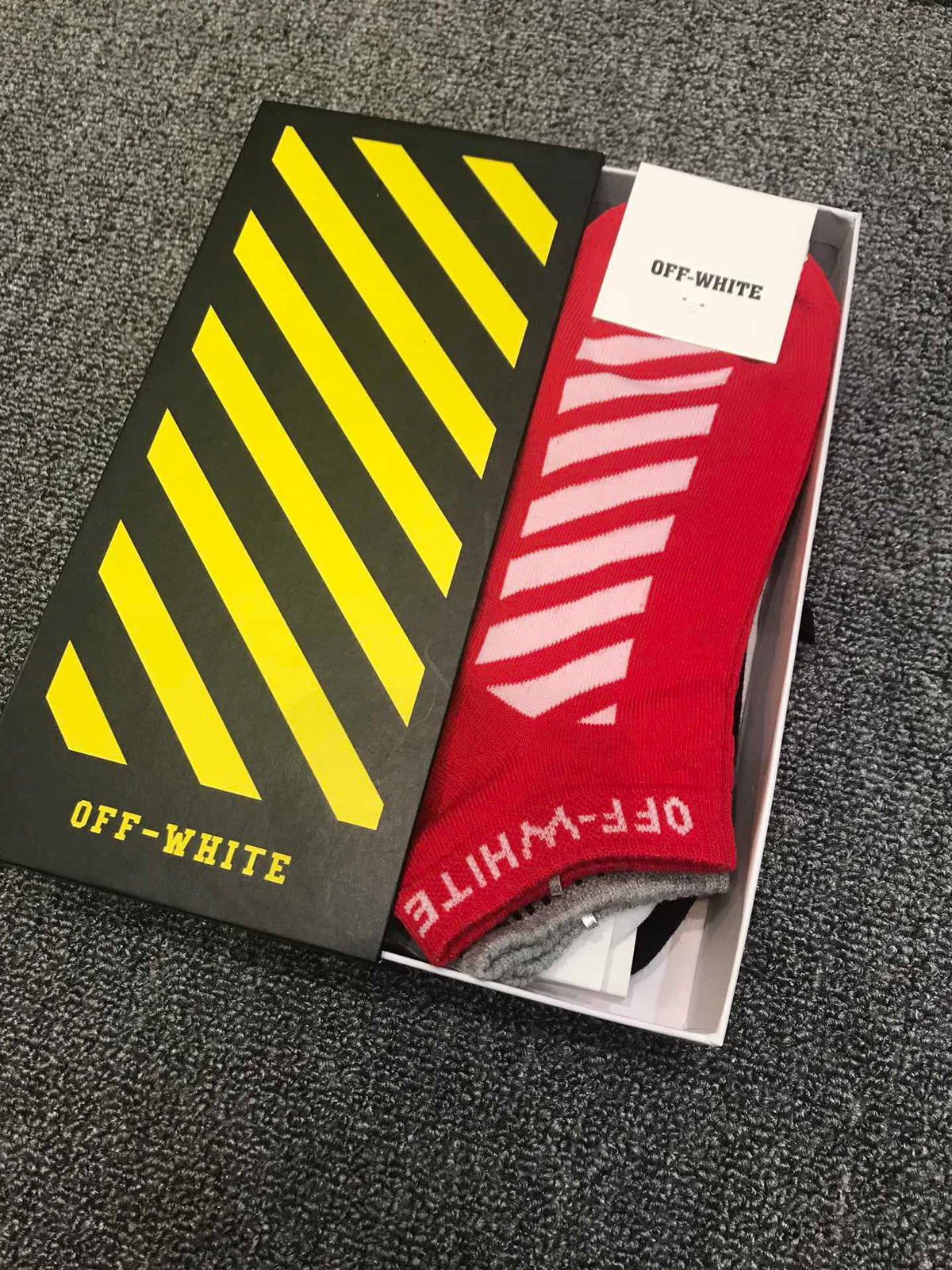 Off-White Red Black White Bold Diagonal Stripes Ankle Socks, image 5
