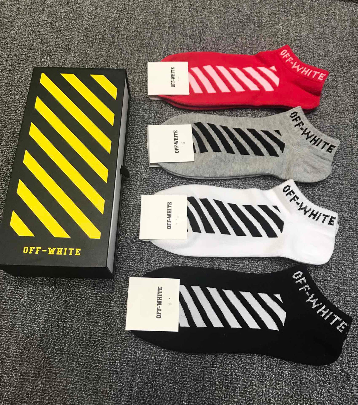 Off-White Red Black White Bold Diagonal Stripes Ankle Socks, image 1