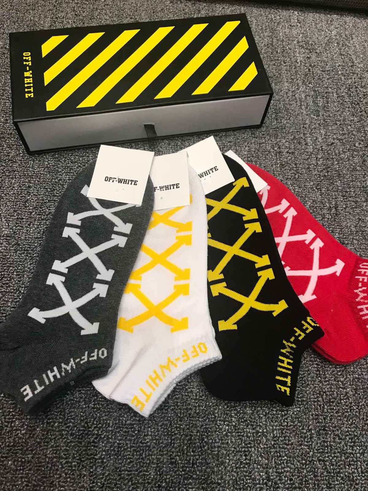 Off-White Red Black White Bold Diagonal Stripes Ankle Socks, image 8
