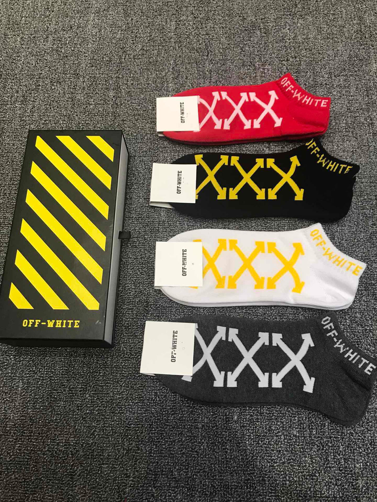 Off-White Red Black White Bold Diagonal Stripes Ankle Socks, image 6