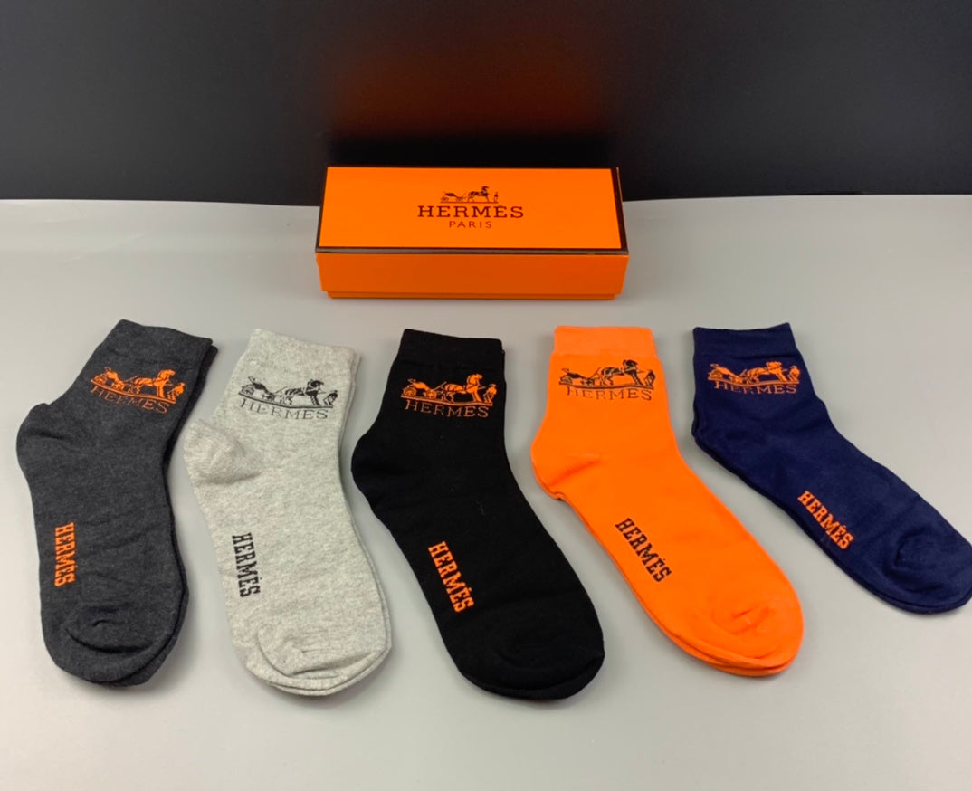Hermès Orange Navy Cream Black Small Foot Motif Ankle Socks, image 1