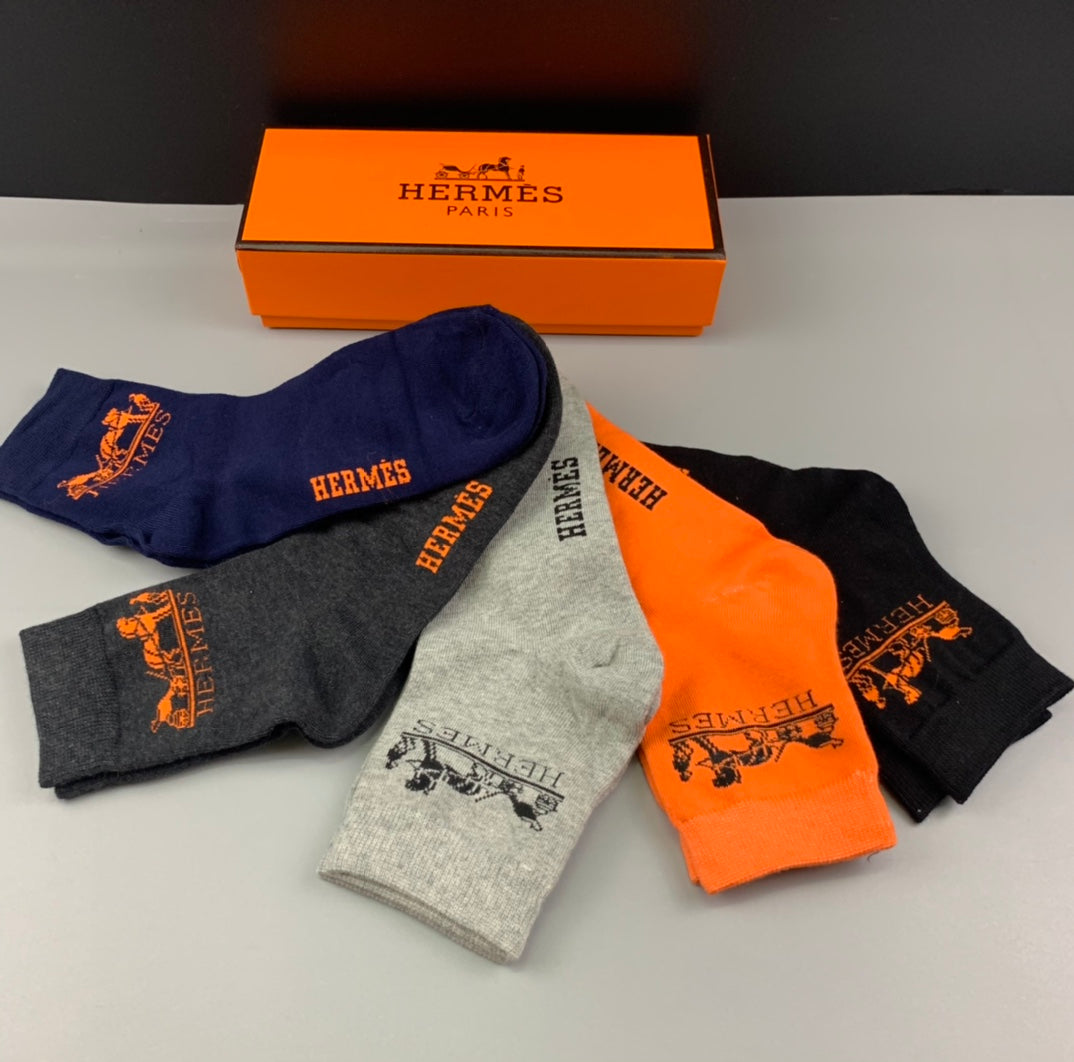 Hermès Orange Navy Cream Black Small Foot Motif Ankle Socks, image 3