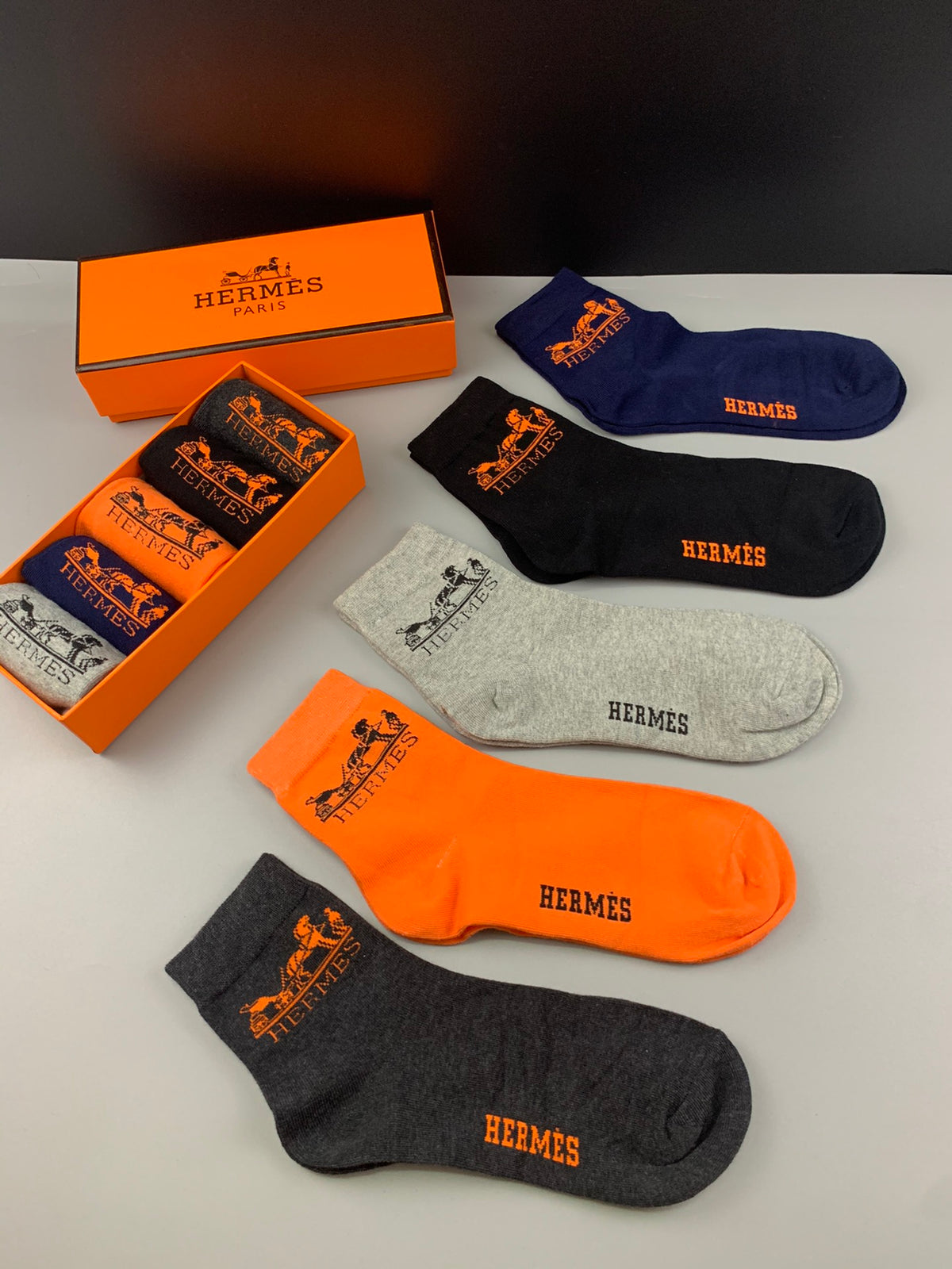 Hermès Orange Navy Cream Black Small Foot Motif Ankle Socks, image 5