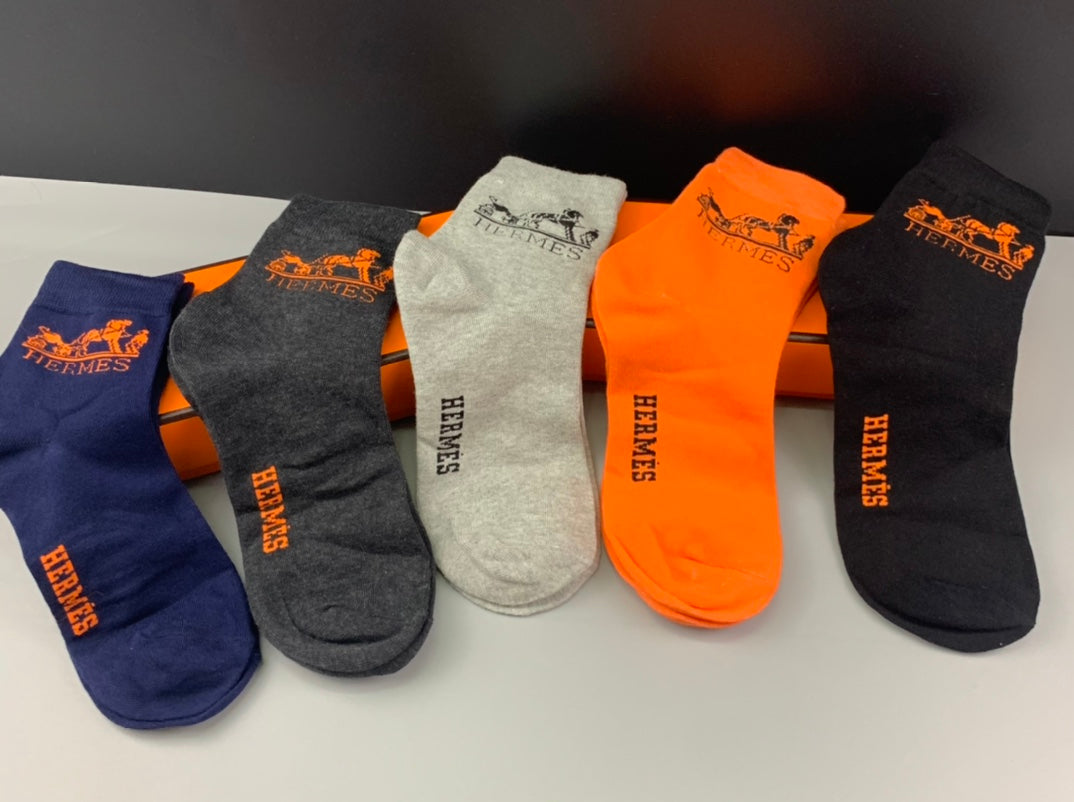 Hermès Orange Navy Cream Black Small Foot Motif Ankle Socks, image 4