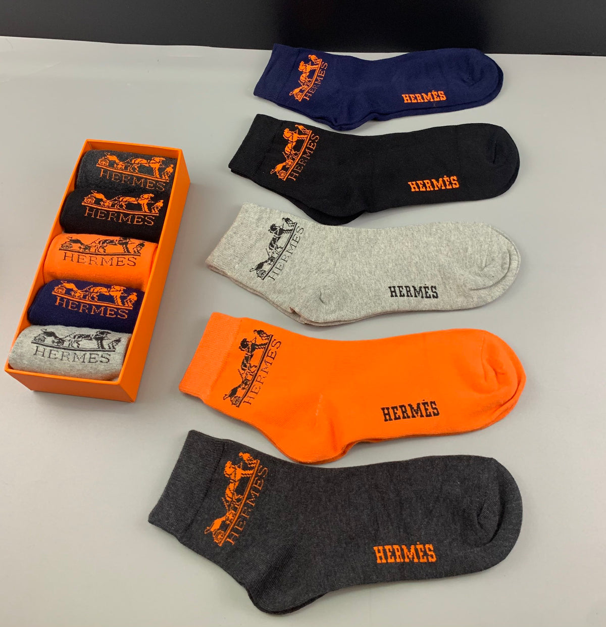 Hermès Orange Navy Cream Black Small Foot Motif Ankle Socks, image 6
