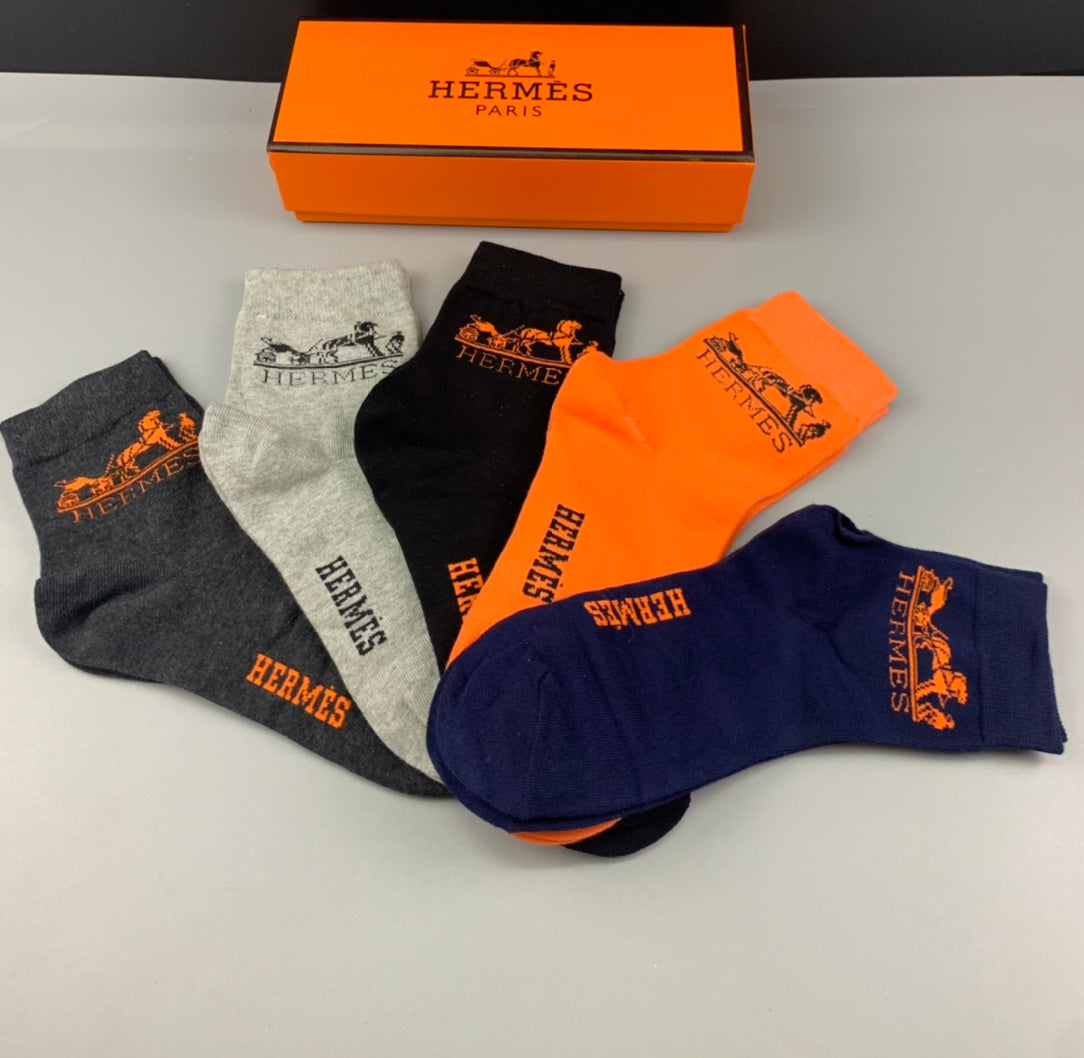 Hermès Orange Navy Cream Black Small Foot Motif Ankle Socks, image 2