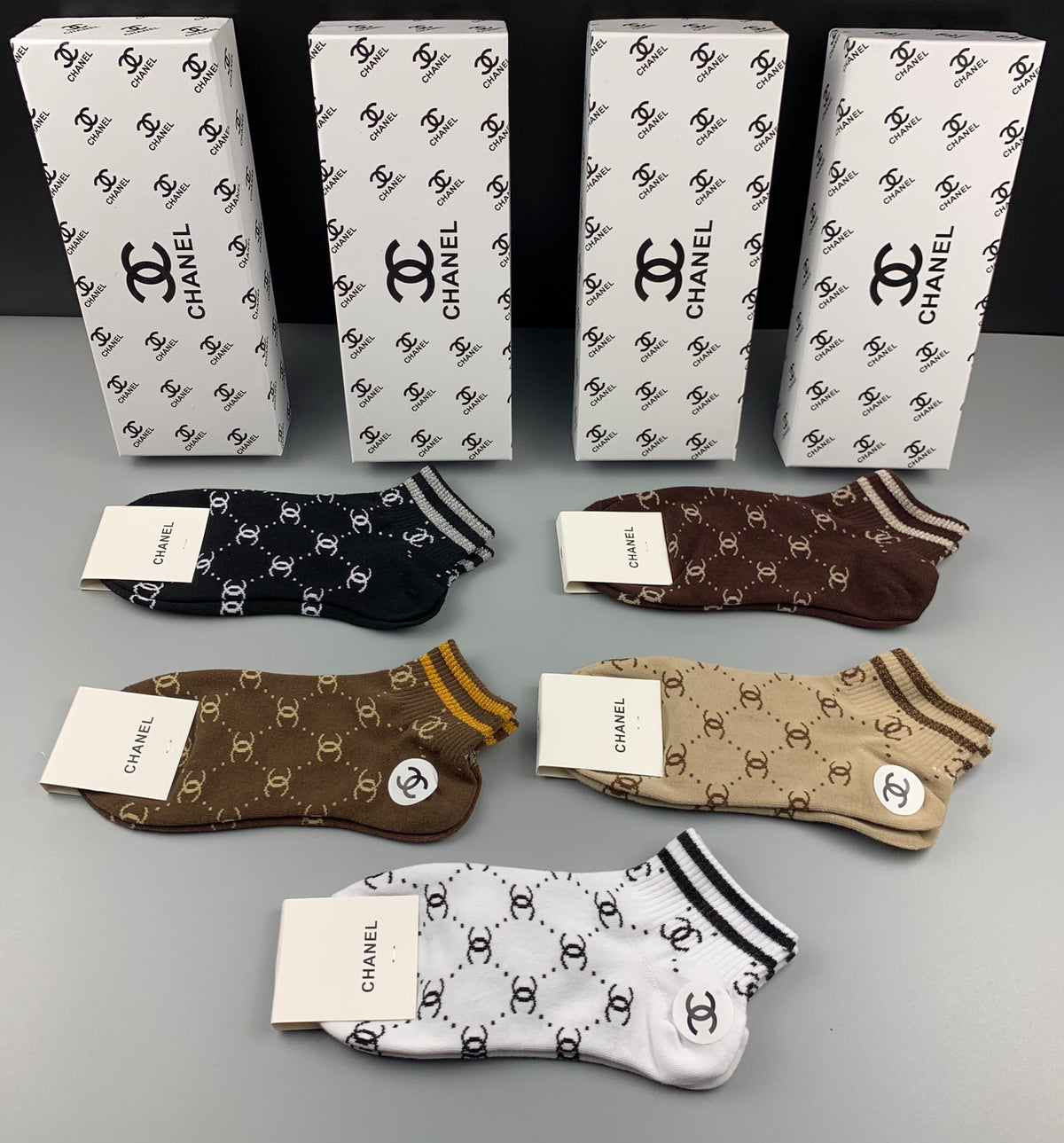 Chanel Earthy White Checkerboard Stripes Crew Socks, image 2