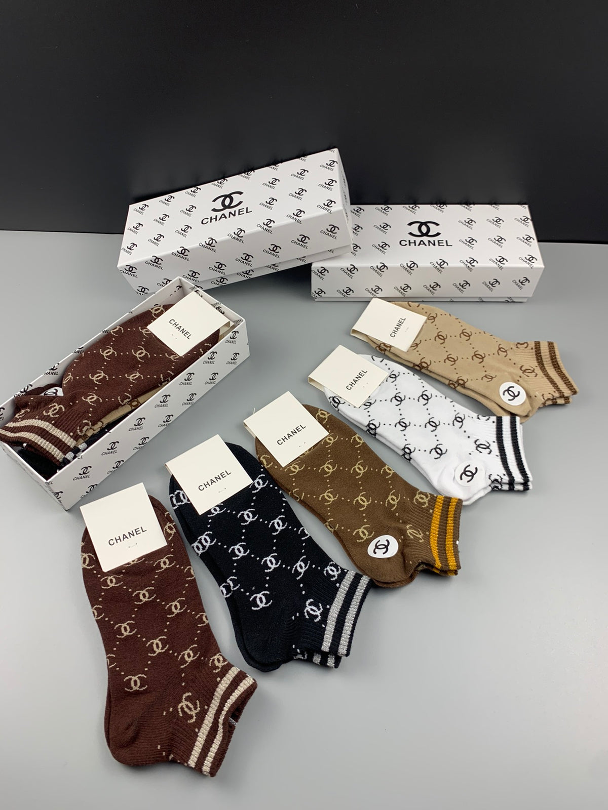 Chanel Earthy White Checkerboard Stripes Crew Socks, image 6
