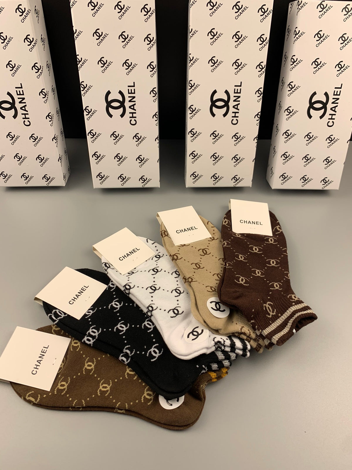 Chanel Earthy White Checkerboard Stripes Crew Socks, image 3
