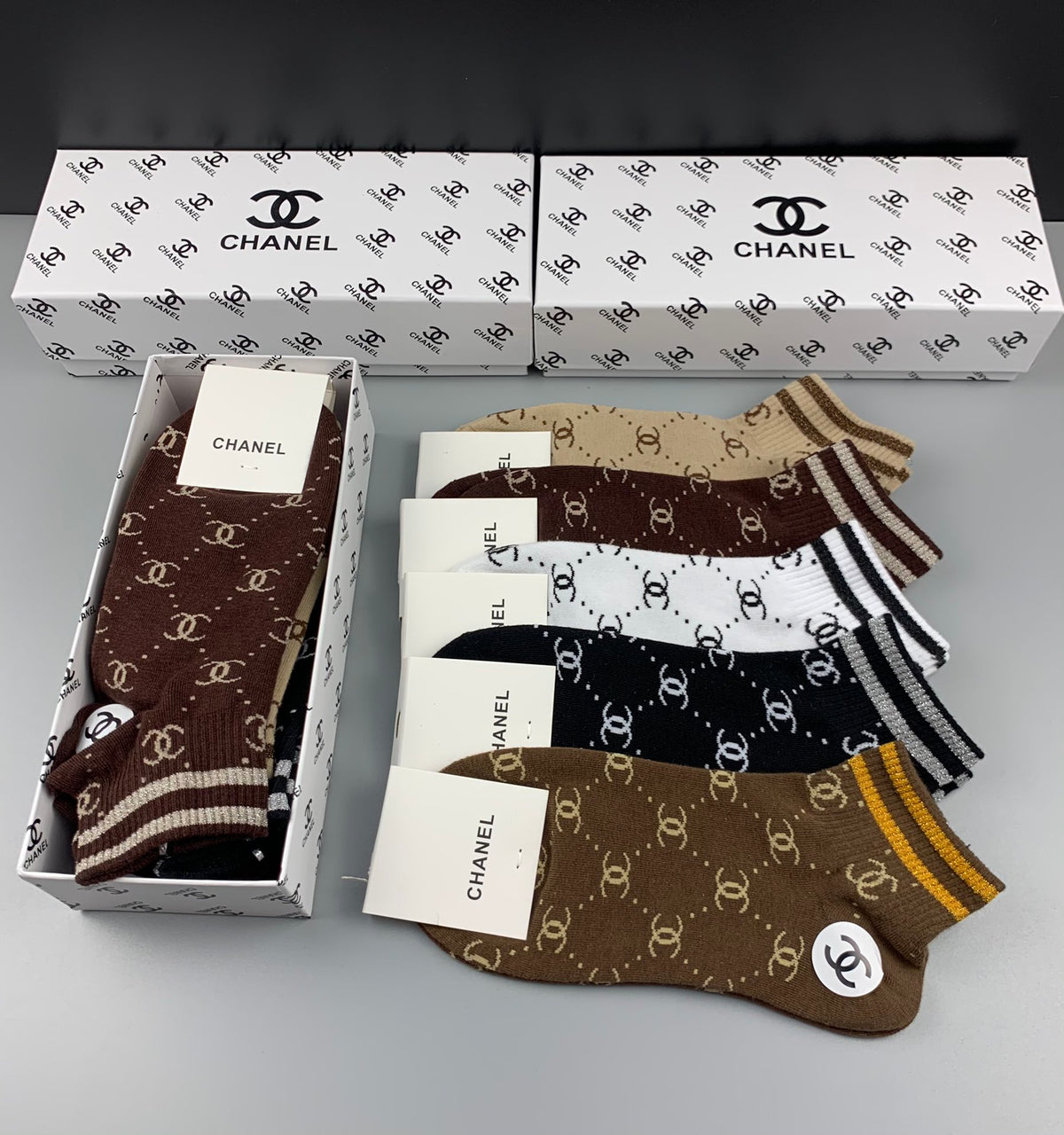 Chanel Earthy White Checkerboard Stripes Crew Socks, image 7