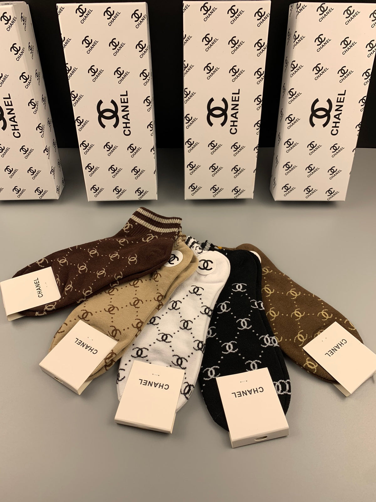 Chanel Earthy White Checkerboard Stripes Crew Socks, image 4