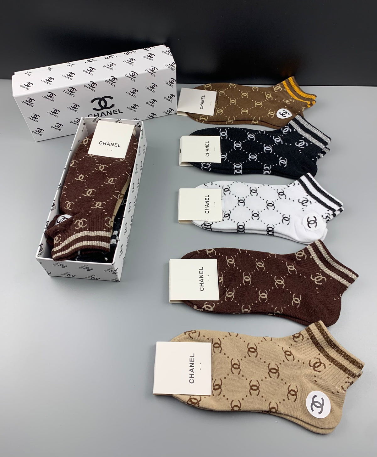 Chanel Earthy White Checkerboard Stripes Crew Socks, image 9