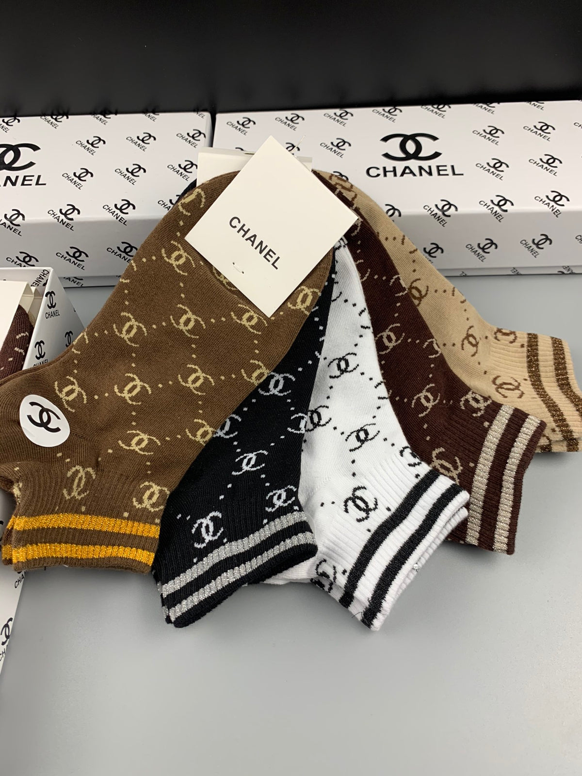 Chanel Earthy White Checkerboard Stripes Crew Socks, image 8